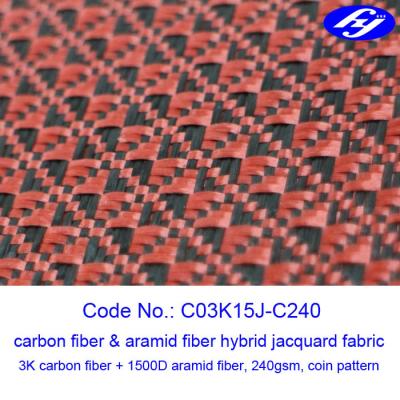 Chine Tissu noir/rouge de tissu d'Aramid de carbone de modèle de pièce de monnaie de jacquard de carbone d'Aramid d'hybride à vendre