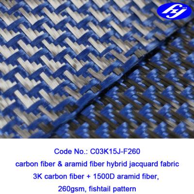 China Tela azul del híbrido de Aramid del carbono de la tela 1500D de Aramid del carbono de la espina de pescado 3K del telar jacquar en venta