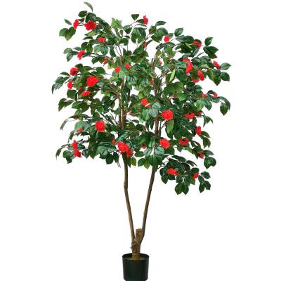China Artificial Camellia Potted Plant No Litght Fresh Leaves Red And Green Mixed Plant Indoor Decor for sale
