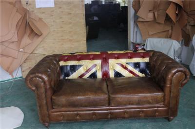 China Durable Small 2 Seater Brown Leather Sofa Bed Vintage Union Jack Genuine Love Seat for sale