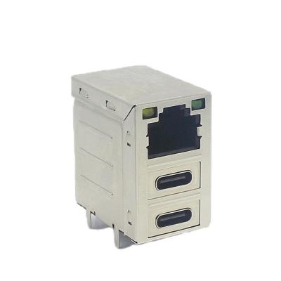 China Dual Type C Stacked USB Connectors Combo PCB Shielded RJ45 Female Socket LAN Jack for sale