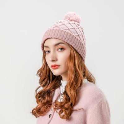 China Women Slouchy Beanie Hat Girls Chunky Knit COMMON Soft Warm Mohair Winter Fashion Cap with Pom Pom for sale