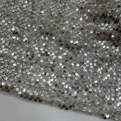 China Glittering Mesh Embroidered Fabric 70% Polyester Rice Color Used For Decorate Evening Dress for sale