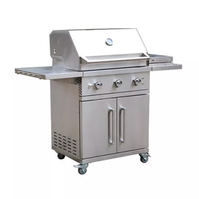China Freestanding Flat Top Grill Combo Cabinets Wheels 3 Burner Gas Bbq With Side Burner for sale