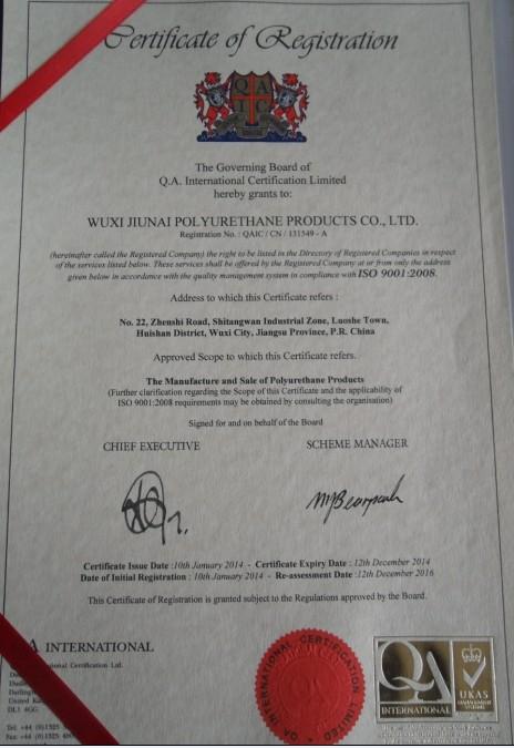 ISO9001:2008 - Wuxi Jiunai Polyurethane Products Co., Ltd