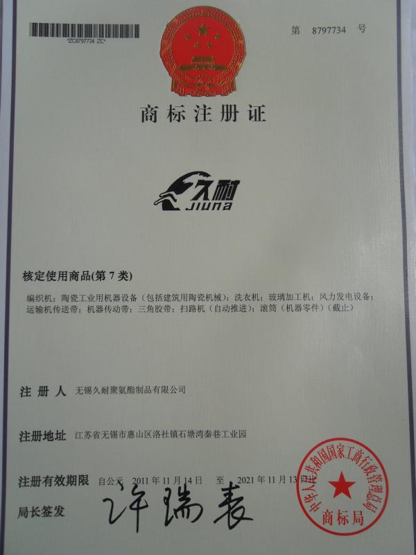 Trademark Registration Certificate - Wuxi Jiunai Polyurethane Products Co., Ltd