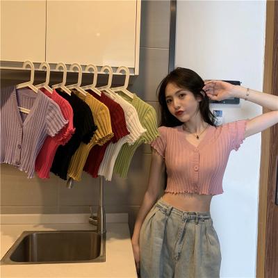 China Summer V Neck Women Crop Top , Single Breasted Short Sleeve Knit Crop Top for sale