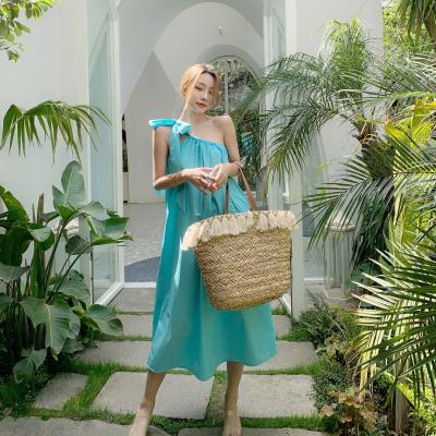China Irregular Womens Vacation Dresses , Single Sling Womens Green Holiday Dress With Bow for sale