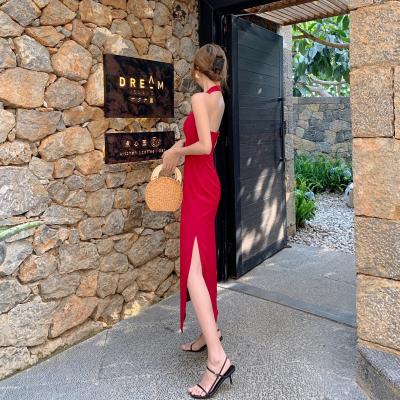 China Backless Halter Neck Split Womens Vacation Dresses for sale