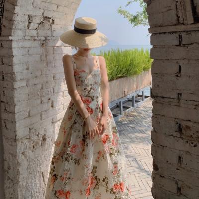 China Retro Backless Floral A Line Midi Dress for sale