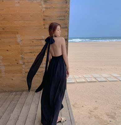 China Backless Tie 136cm Black Chiffon Beach Dress V Neck Halter Strap Split for sale