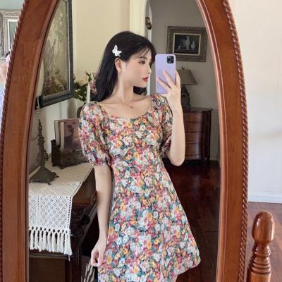 China Floral Painting Print A Line Puff Sleeve Mini Dress Leisure Holiday Style for sale