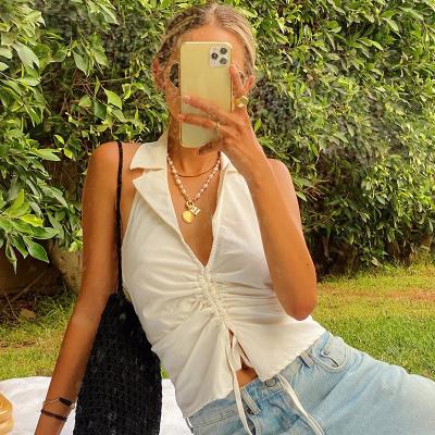 China Drawstring Straps Women Crop Top Lapel Sleeveless Three Color for sale