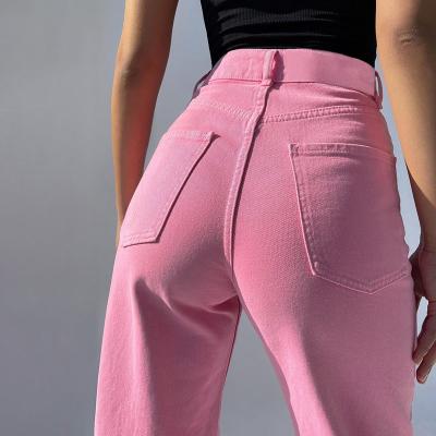 China Pink Ripped High Waist Straight Wide Leg Jeans Women for sale