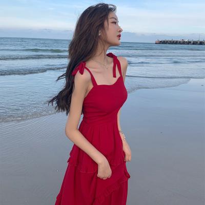 China Super Fairy Red 105cm Ladies Summer Beach Dresses for sale