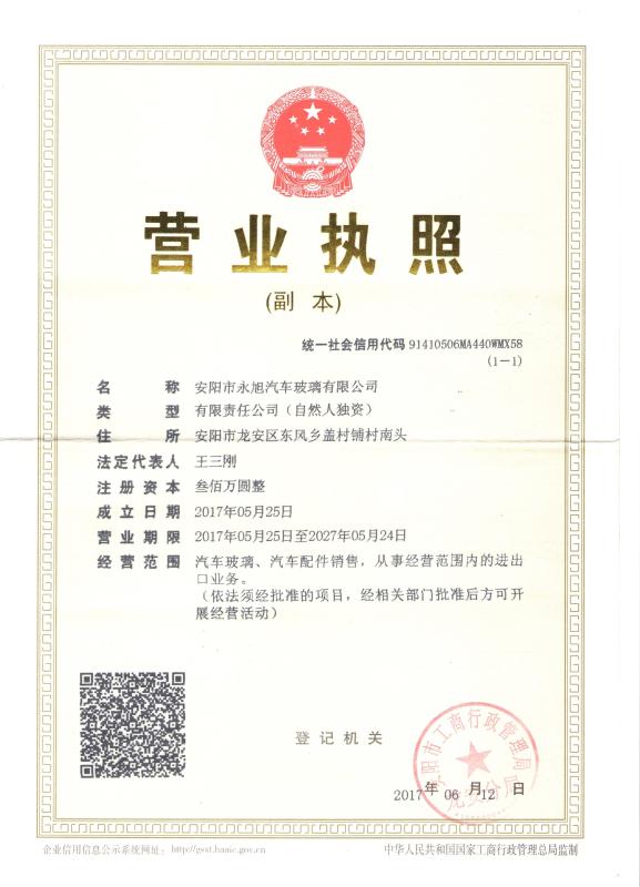 business license - Anyang Yongxu Auto Glass Co., Ltd.