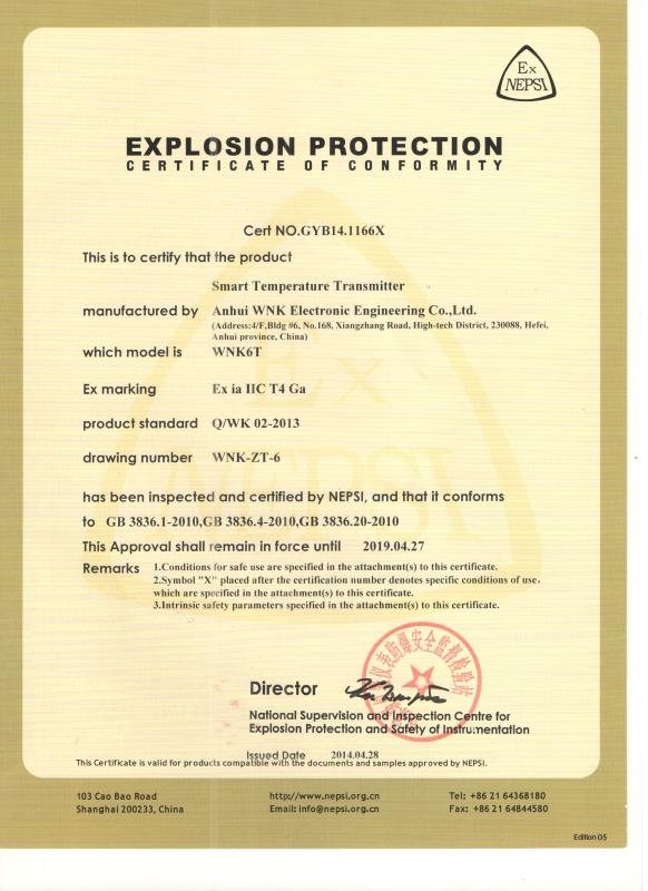 Explosion Protection Certificate of Conformity - Hefei WNK Smart Technology Co.,Ltd