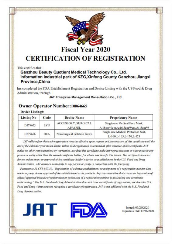 FDA CERTIFICATES - Ganzhou Beauty Quotient Medical Technology CO. Ltd.