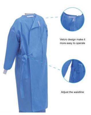 China Velcro Design And Rib Cuff Breathable Non woven Waterproof Blue Medical Disposable Isolation Gowns for sale