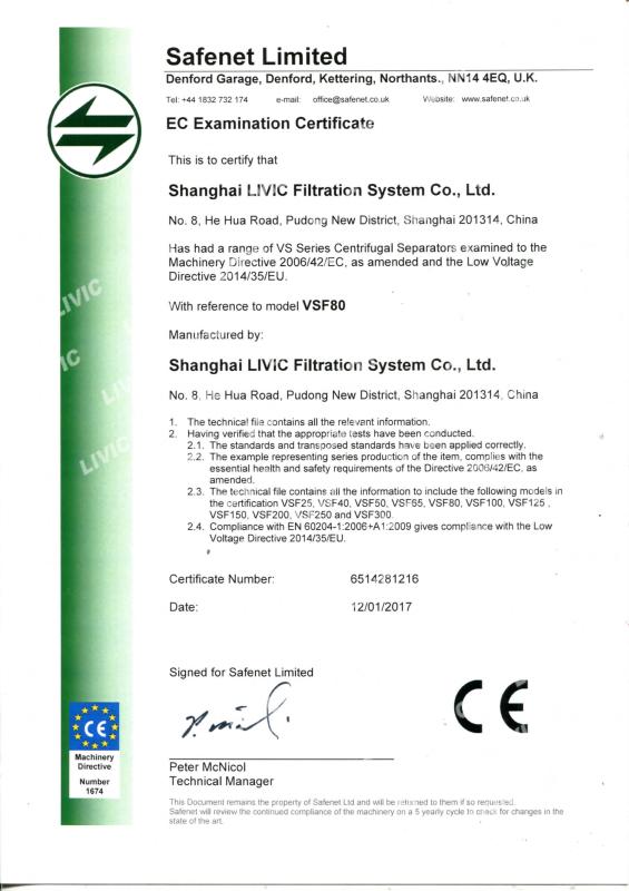 CE Certification - Shanghai LIVIC Filtration System Co., Ltd.