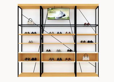 China Metal And Wooden Wall Shoe Display Racks , Shoe Display Fixtures Easy Install for sale