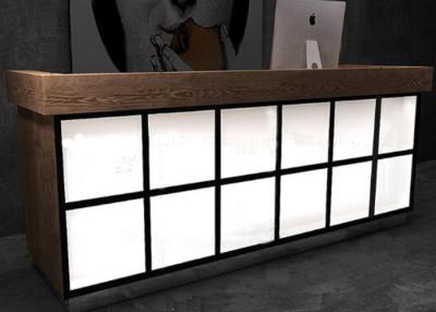 China Luxury Wooden Veneer Surface Grocery Store Checkout Counter With Lighting Box for sale