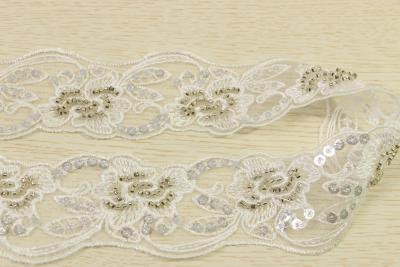 China ODM white bridal lace trim Flower embroidered Botanical paillettes translucent for sale