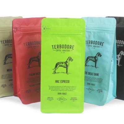 China Aluminum Foil Flat Bottom Coffee Pouch Matte Printing Square Bottom 250g 500g 200 Microns for sale
