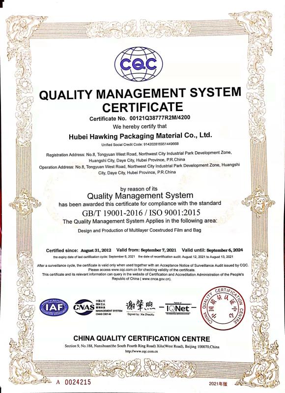 ISO9001 - HuBei Hawking Packaging Material Co.,LTD