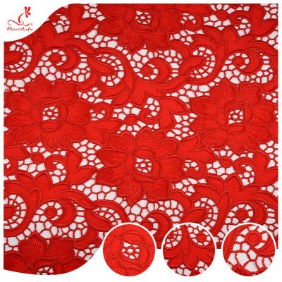 China 135CM Fancy Embroidered Fabric Hollow Lace Trim 3d Red Flowers Embroidery Guipure Lace Fabric for sale