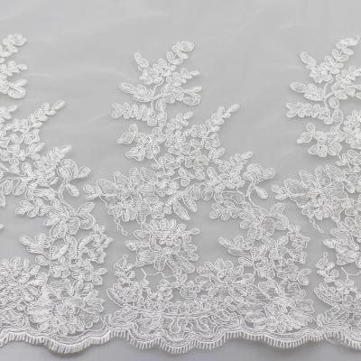 中国 3D polyester yarn on nylon mesh cording eyelash lace fabric for bridal gown 販売のため