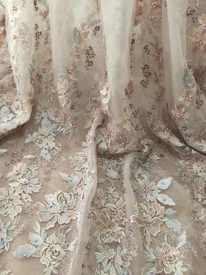 China 36 Inch Pearl Beaded Embroidery Lace Fabric By Yard For Haute Couture Wedding Gown for sale