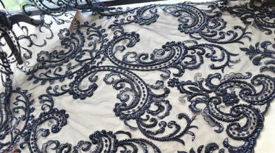 China Black Heavy Beaded Mesh Fabric By The Yard , Embroidered Net Fabric With Beads for sale