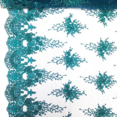 China Green Color Teal Spirit Floral Bridal Beaded Lace Fabric On Mesh 100% Polyester for sale