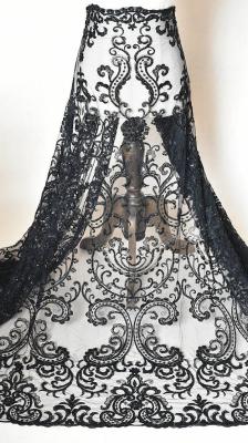 China Black Floral Embroidery Alencon Lace Fabric With Beads , Ivory Wedding Lace Fabric for sale