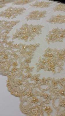 China French Stretch Beige Pearl Beaded Wedding Lace Fabric With Scalloped Edge for sale