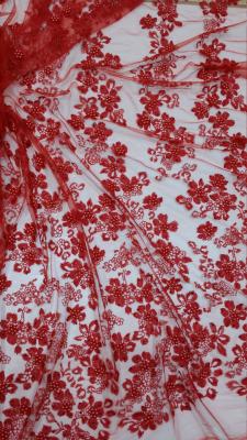 China French Chantilly Floral Red Beaded Lace Fabric , Hand Beaded Mesh Fabric For Wedding Dress for sale