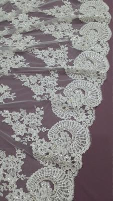 China 140cm Sequin Beaded Ivory Lace Fabric , White Embroidered Bridal Wedding Lace for sale