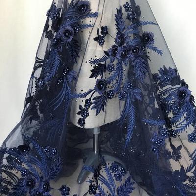 China Navy Blue 3D Flower Lace Fabric with Pearl Beaded Applique for Ladies Dress for sale