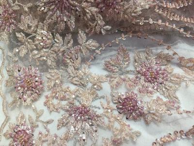 China 47 Inch Pink Embroidered Heavy Beaded Lace Fabric By The Yard With Scalloped Edge for sale