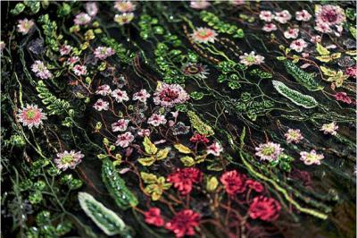 China Tela moldeada pesada floral coloreada multi del cordón del estiramiento para la decoración del vestido de boda en venta
