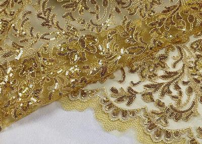 China Tela dourada do laço da lantejoula de Lurex do estiramento, tela de malha de nylon com a linha dourada da lantejoula à venda