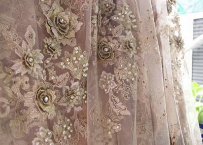 China 120cm Wide 3D Flower Lace Fabric , Polyester Bridal Metallic Gold Lace Fabric for sale