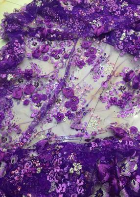 中国 服装135cmの幅の紫色のための贅沢なギピールレース3Dの花のレースの生地 販売のため