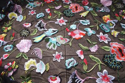 China Multi Colored Lace Fabric With Embroidered Florals , Heavy Embroidered Lace Cloth for sale