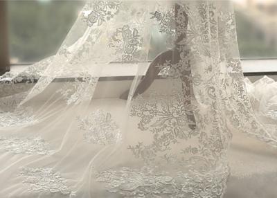China White Tulle Corded Bridal Stretch Lace Fabric , Floral Embroidered Wedding Dress Lace Fabric for sale