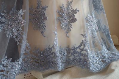 China Pale Blue Beaded 3D Flower Lace Fabric By The Yard For Wedding Dress for sale