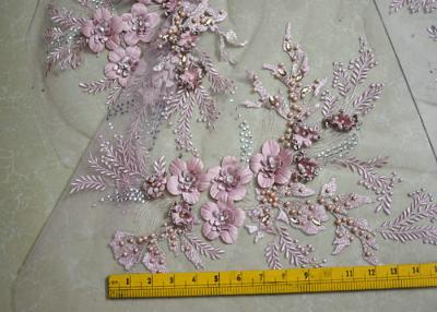 China Embroidered 55 Inch Peach Color 3D Floral Rose Lace Fabric With Beads And Sequins for sale