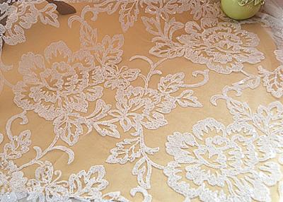 China Embroidered Floral Sequin Netting Fabric , Sequin Tulle Fabric For Ivory Wedding Dresses for sale