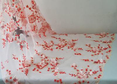 China 3D Red Flower Bead Embroidered Sequin Lace Fabric With Scalloped Edging For Dress for sale
